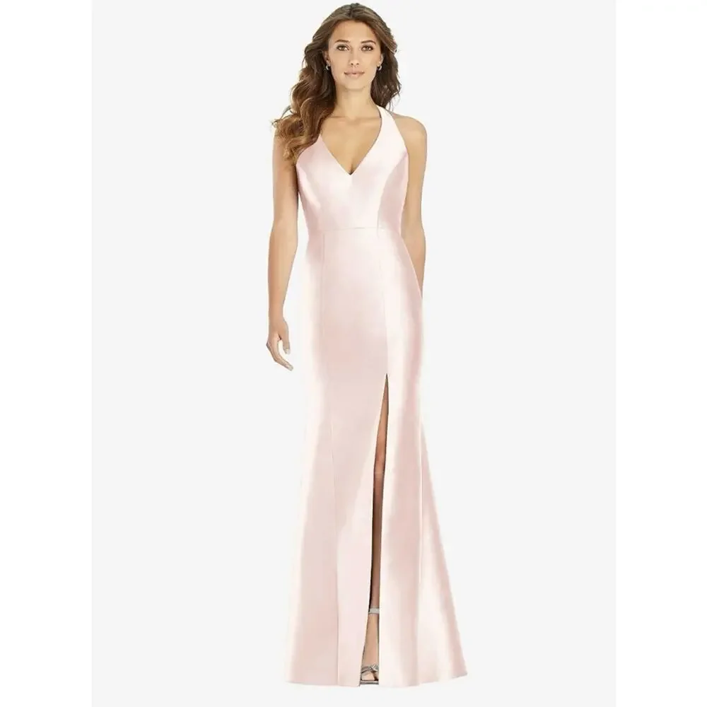 Alfred Sung V-Neck Halter Satin Trumpet Gown in Blush Pink Women's Size 16 $244 - Picture 2 of 8